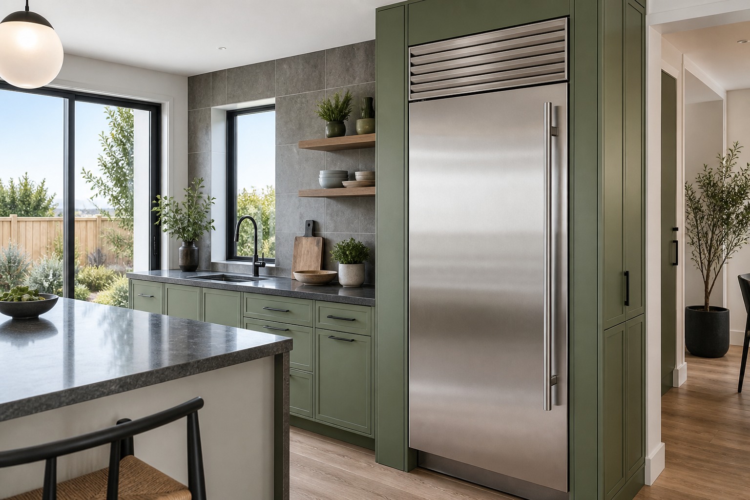 GE Monogram built-in refrigerator and professional range in a bright Dublin Ranch kitchen