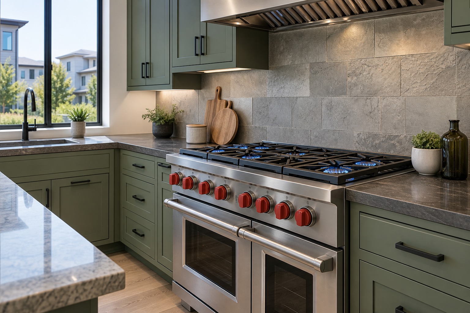 Wolf professional dual-fuel range with signature red knobs in a bright Dublin Ranch kitchen