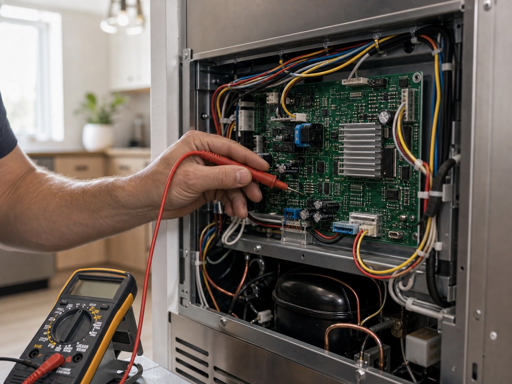 Technician running factory-spec diagnostics on a built-in Sub-Zero control board in a Dublin kitchen