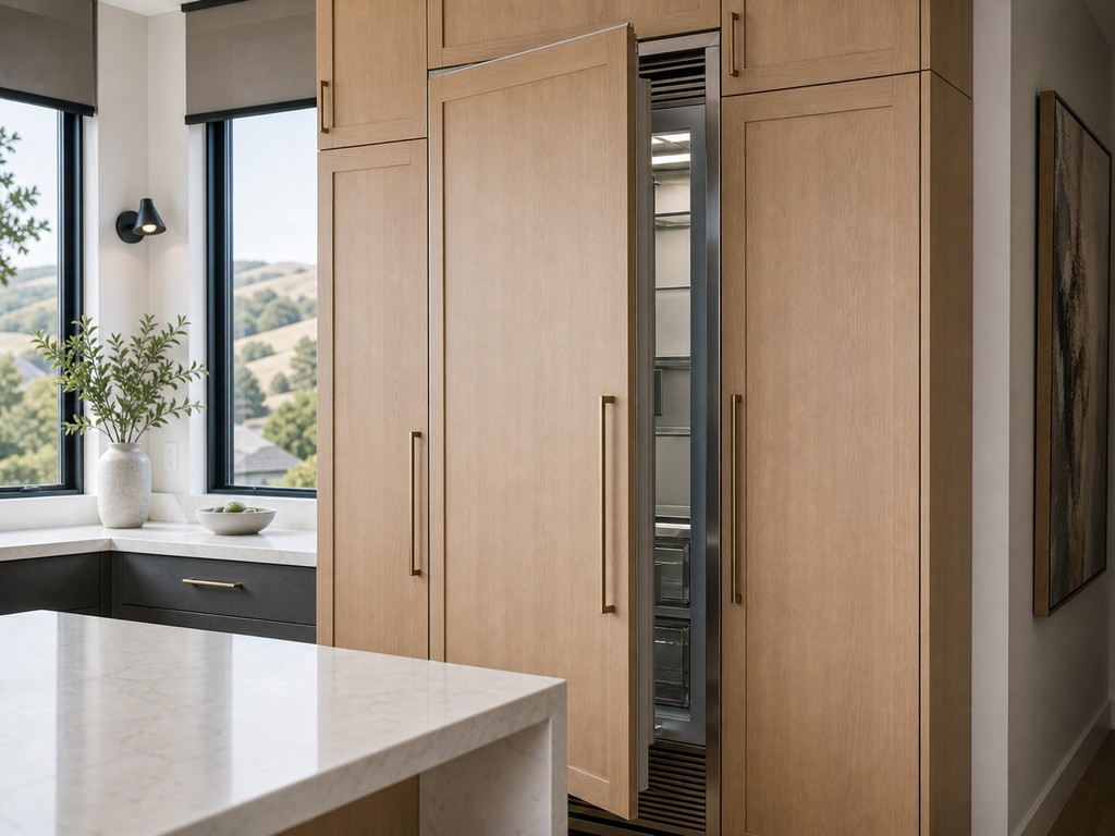 Panel-ready integrated Sub-Zero refrigeration column clad flush in white-oak cabinetry in an East Dublin kitchen