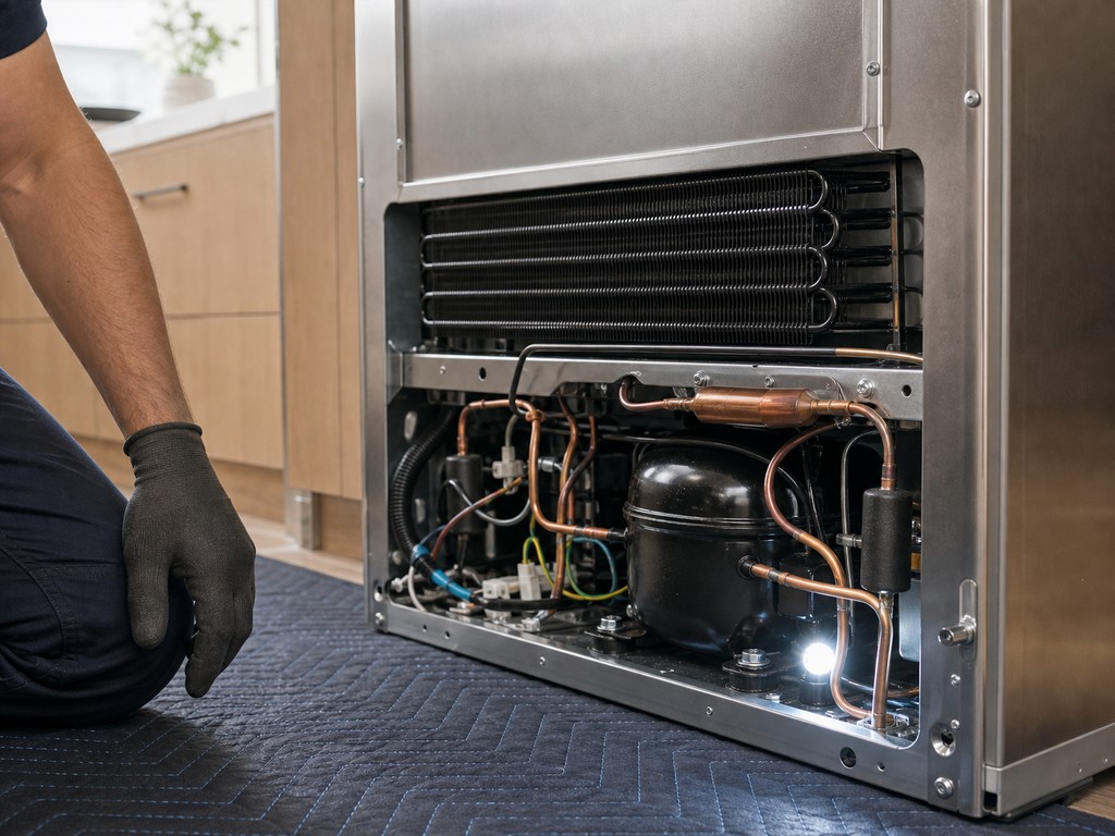 Sealed-system compressor and condenser coils at the back of a pulled-out Sub-Zero built-in in Dublin