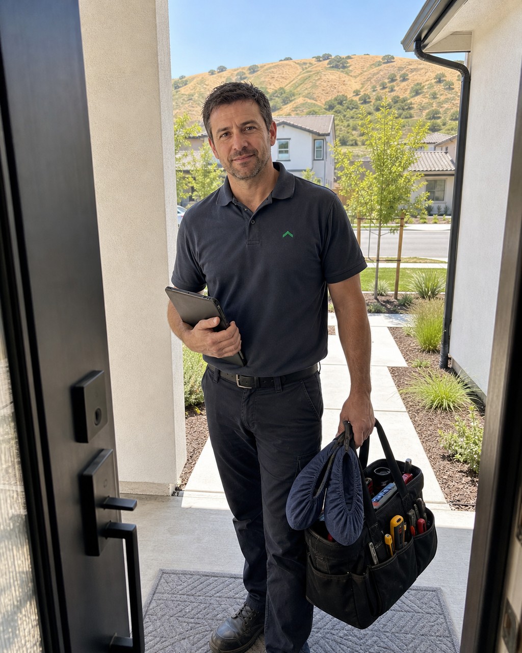 Independent factory-trained Sub-Zero technician arriving at a Dublin Ranch front door to diagnose a built-in refrigerator