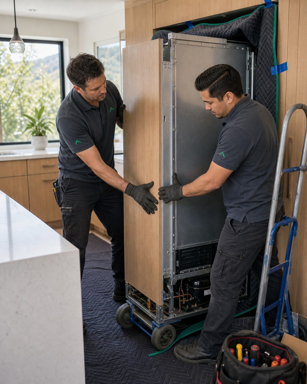 Two Sub-Zero Dublin technicians carefully sliding a built-in refrigerator out of its cabinet
