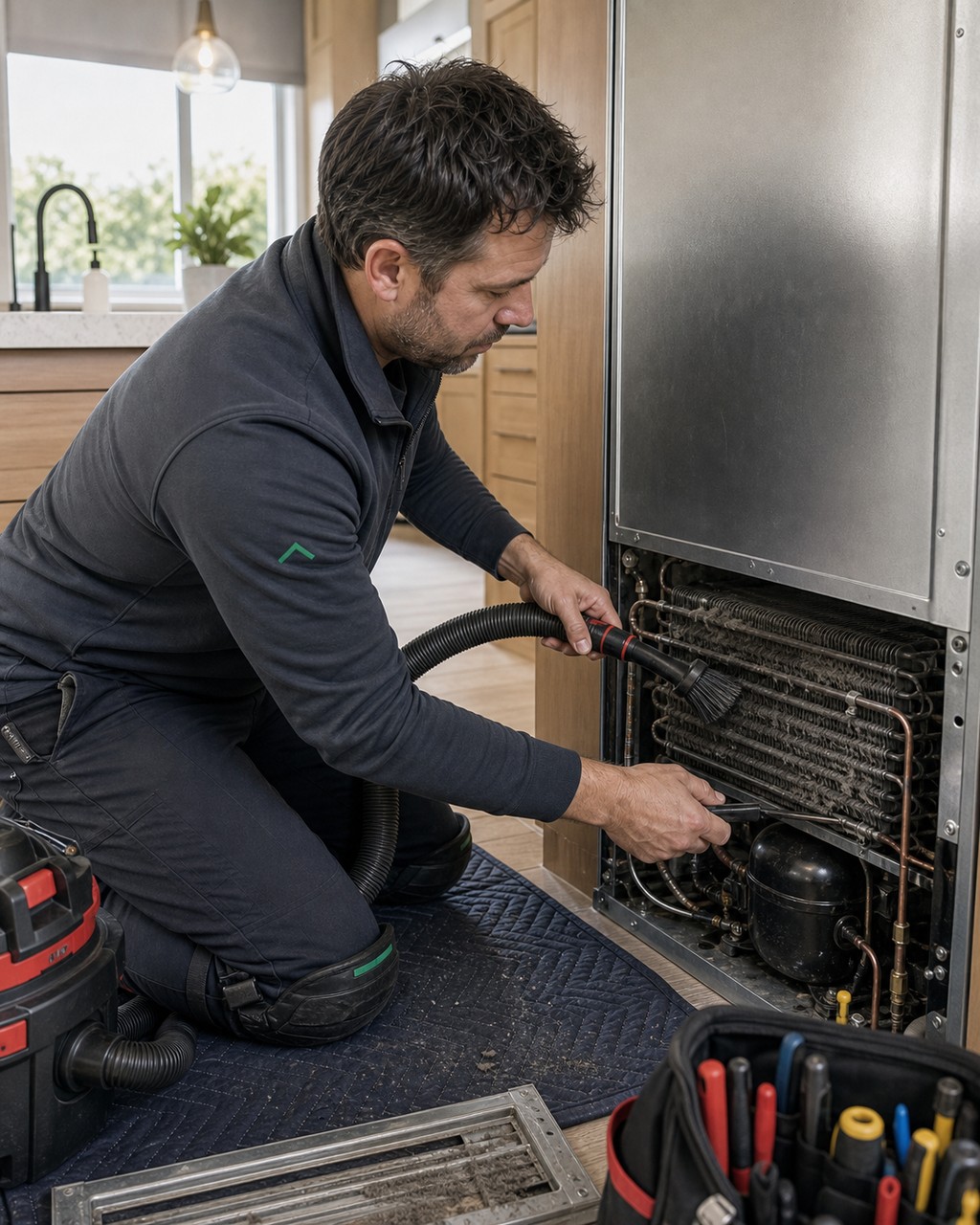 Technician vacuuming dust from the condenser coils of a built-in Sub-Zero during Tri-Valley heat in Dublin