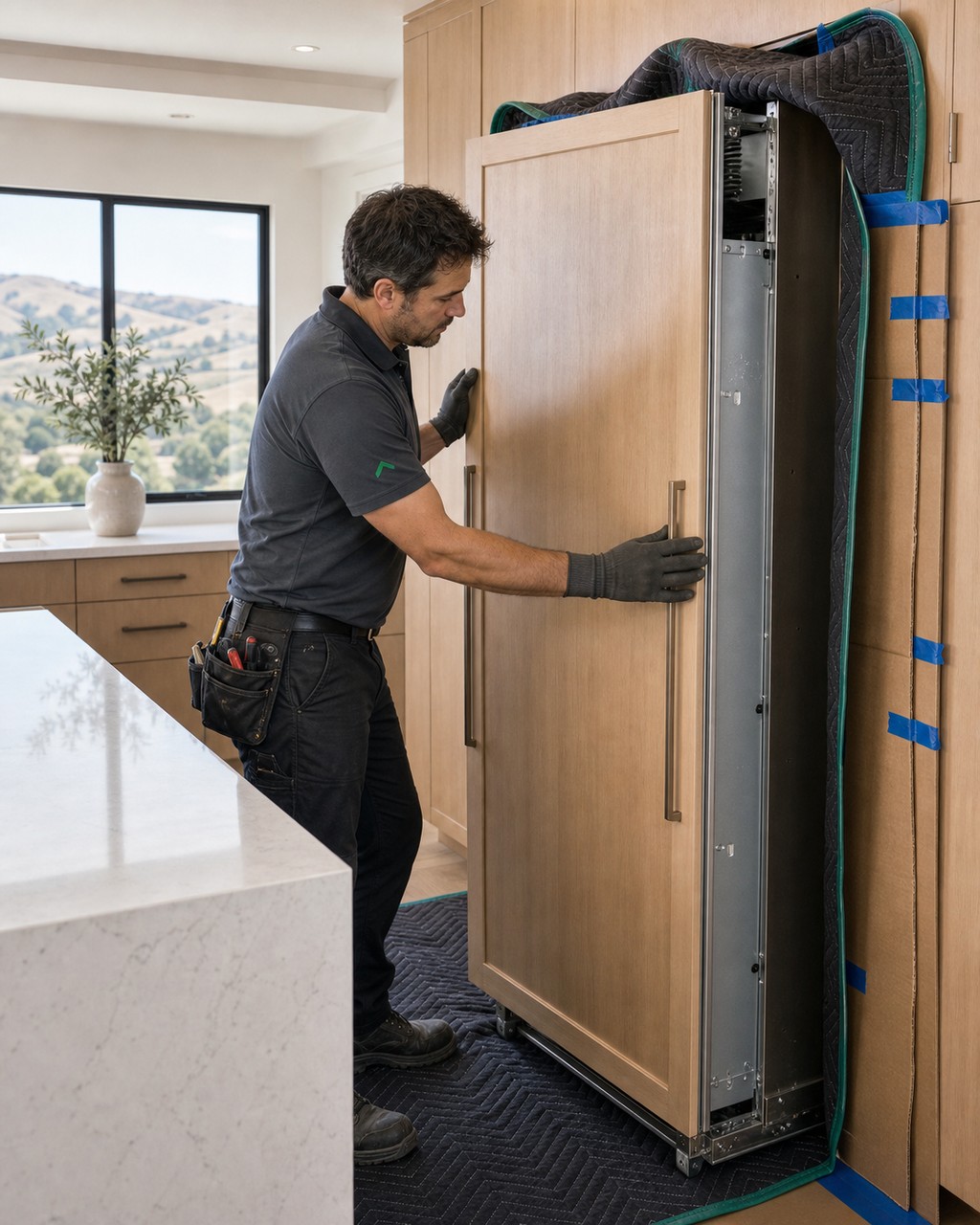 Technician sliding a panel-ready Sub-Zero column out of its custom white-oak cabinet cutout in a Dublin kitchen